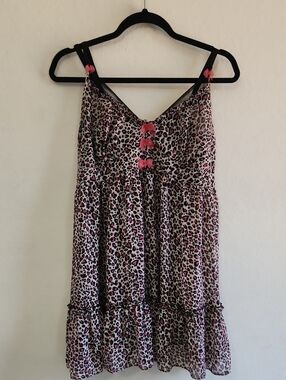 Y2k Cacique Leopard Print Babydoll Chemise Lingerie Nightgown Pink Bows XL